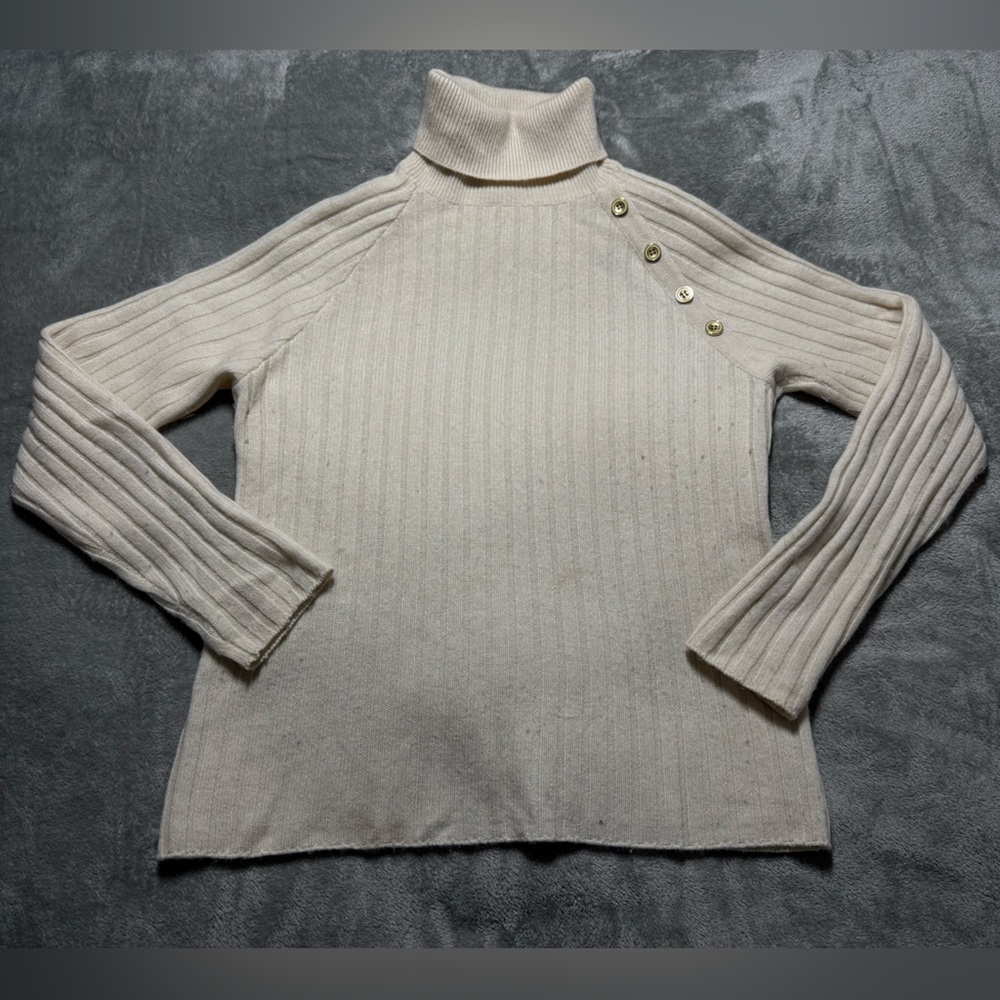 J.McLaughlin Cashmere Wool Turtleneck Sweater Womens M Ivory Ribbed Gold Buttons